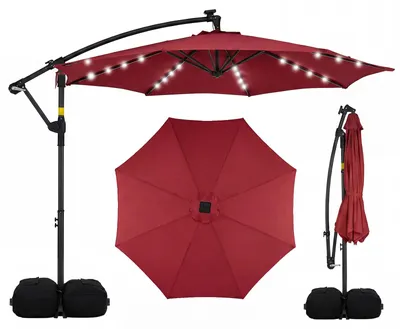 Produktbild von COSTWAY Sonnenschirm 300 cm mit Ständer, LED-Leuchten & Kurbel,  Ampelschirm, Gartenschirm, 360° drehbar, Marktschirm, Terrassenschirm Rot