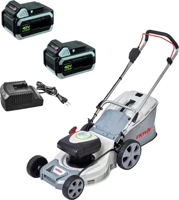 Image de Tondeuse à gazon 600m2- 2 Batteries Lithium 40V - 2,5Ah + Chargeur, Hauteur 25 à 75cm Mulching Bac 50L 600 m² IKRA