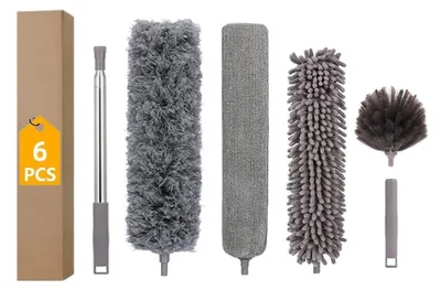 Produktbild von Teleskop-Staubwedel Mikrofasern 3-in-1, ausziehbar bis 245 cm, abwaschbare Eckenbürste mit 3 austauschbaren Köpfen für Decken Fenster und schwer erreichbare Stellen