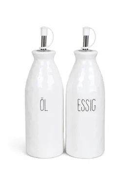 Produktbild von Keramik Essig- & Ölspender Set | 2er Set 7x7x22 cm | Flaschen mit Ausgießer – Küchenserie mit Butterdose, Utensilien-Kanne, Milch & Zucker