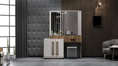 Produktbild von Eleganter Schminktisch mit Spiegel und Holzdetails für das Schlafzimmer