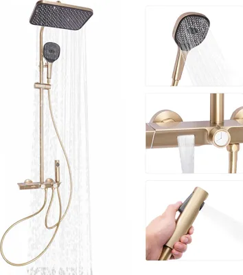 Produktbild von Duschsystem mit Thermostat Handbrause G1/2  Wandbrausegarnitur (Gold)