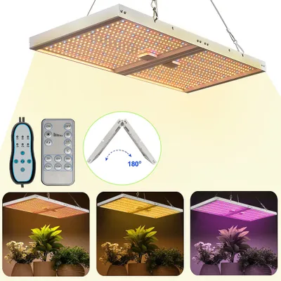 A collage of images showing a foldable LED grow light, its remote controls, and different lighting modes illuminating plants.