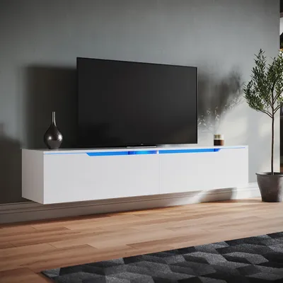 Produktbild von SONNI Szafka pod TV wisząca biały wysoki połysk z LED 140 x 35 x 30 cm