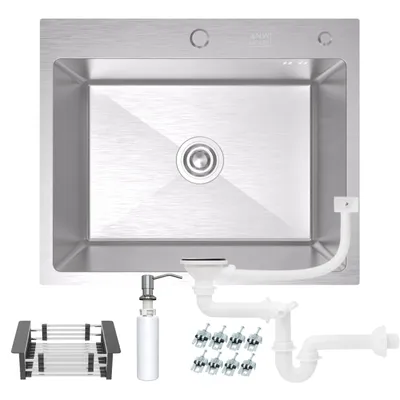 Produktbild von ANW HOME Küchenspüle 60x50 cm Edelstahl 304 Silber Topmount Einbauspüle 1 Becken 22 cm mit Siphon Seifenspender Abtropfkorb Edelstahlspüle