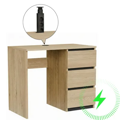 Produktbild von Schreibtisch Computertisch ComfortCove Schwarz Eiche Torro 90 cm mit 3 Schubladen Steckdose 3x230V