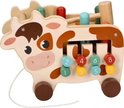 Obrázek produktu pro Montessori hračka - aktivní edukační dřevěná, tahací Kravička, přírodní