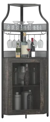 Image de Buffet d'angle avec casier à bouteilles - Buffet / bahut - Casier à bouteilles amovible - Porte coulissante de style porte de grange - Étagères réglables - Structure métallique - Bois foncé