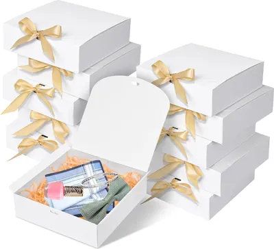 Produktbild von 10er-Pack Geschenkboxen mit Deckel, 16,5 x 16,5 x 5 cm, wei?e Geschenkboxen fš¹r Geschenke, Papierboxen mit Schleife fš¹r Geburtstage, Hochzeiten, Partys, Schokolade und Sš¹?igkeiten