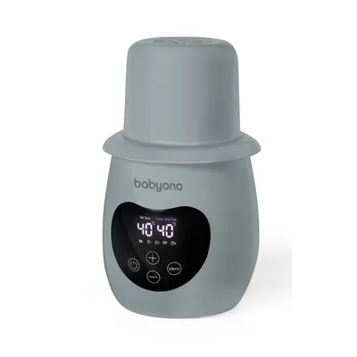 A gray Babyono electric bottle warmer with a digital display and controls.
