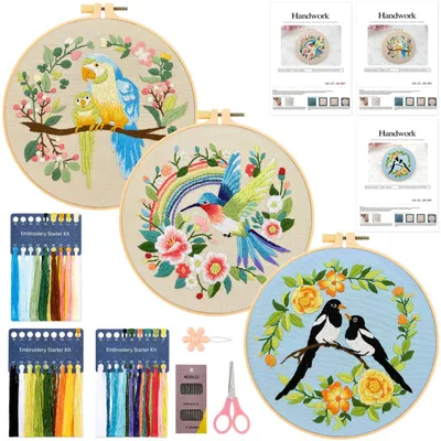 Stickerei-Set 3er-Pack: Blumen-Vogel-Motiv für Anfänger