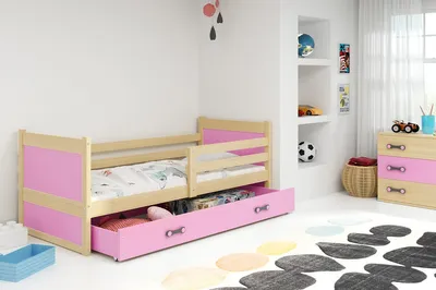 Obrázok produktu pre Detská posteľ s úložným priestorom a matracom 90x200 FERGUS - borovica / ružová