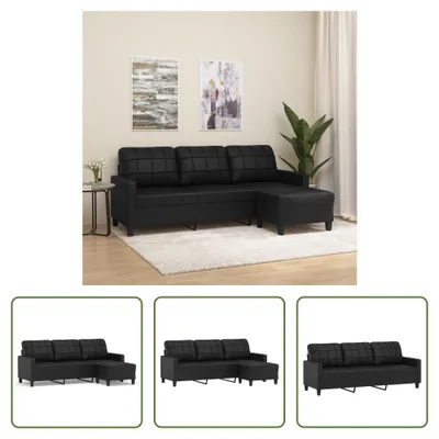Produktbild von The Living Store 3-Sitzer-Sofa mit Hocker Schwarz 180 cm Kunstleder