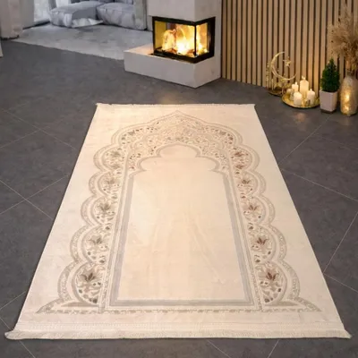 Image de Tapis de prière moderne avec motif mihrab et ornements raffinés Dimensions : 80 x 120 cm
