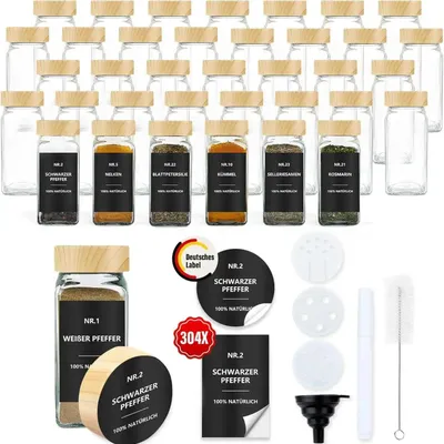 Produktbild von Gewürzdosen - Set 36-teilig - Keramik - Kantige Form - Mit Deckel - Etiketten - Silikontrichter - Reinigungsbürste