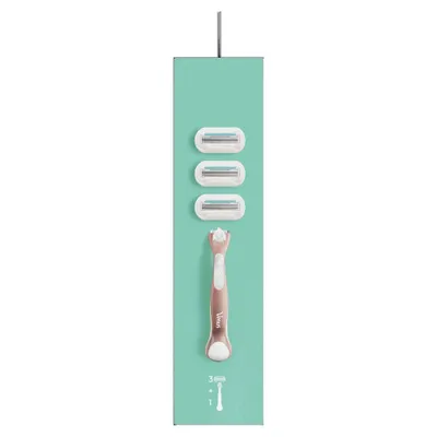 A product shot of a razor and replacement cartridges on a teal background.