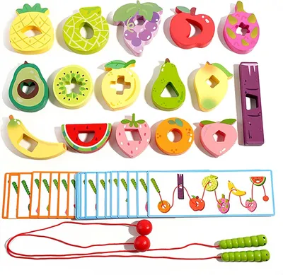 Productafbeelding van Montessori Houten rijgspel - Rups vanaf 3 tot 5 jaar - Bevordering van de fijne motoriek - Fruit - Kleuren en vormen leren