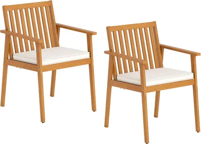 Zdjęcie produktu dla Zestaw KOMFOTTEU składający się z 2 ergonomicznych krzeseł ogrodowych z wyjmowaną poduszką, krzeseł do jadalni z podłokietnikami, fotela z drewna akacjowego, na taras, balkon