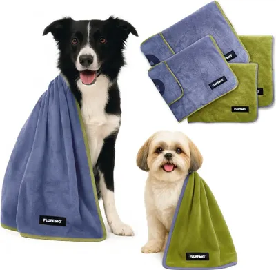 Produktbild von FLUFFINO® Hundehandtuch Mikrofaser – 4er-Pack (2x 90 x 50 cm + 2x 120 x 70 cm) - Grau & Grün