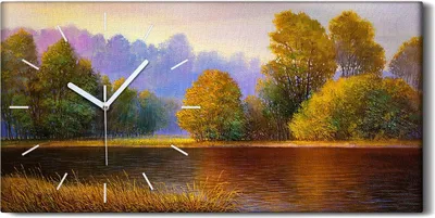 Produktbild von Wandkunst Leinwand Bild Uhr Geräuschlos 60x30 Gemälde Wald Bäume Fluss Natur - weiße Hände