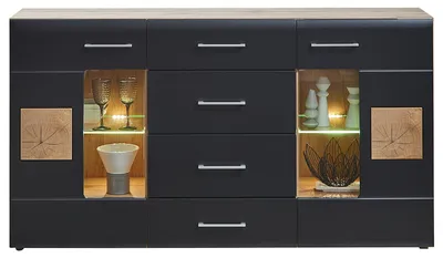 Produktbild von home24 Sideboard - inkl. Beleuchtung - Matt Schwarz / Eiche Nachbildung