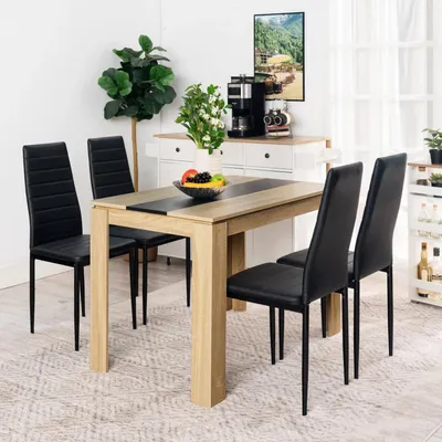Obrázek produktu pro Jídelní set Essgruppe: jídelní stůl s 4 židlemi, dubový Imitace, černá barva, rozměry 110 cm, umělá kůže, vysoké opěradlo