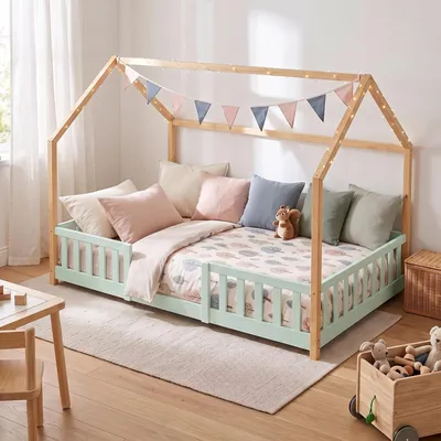 Zdjęcie produktu dla Łóżeczko dziecięce "Sisimiut" w stylu Montessori, w kolorze miętowym/naturalnym, wykonane z drewna sosnowego, wymiary 120 x 200 cm, z zabezpieczeniem przed wypadnięciem