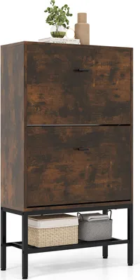 A shoe cabinet with two flip drawers and a metal shelf below, displaying two storage baskets.
