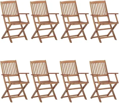Immagine prodotto di 8 sedie da giardino pieghevoli in legno di acacia massello, complete di cuscini, impilabili e salvaspazio, con sedili robusti dotati di cinghie di fissaggio, ideali per terrazza e giardino, con una capacità massima di 110 kg