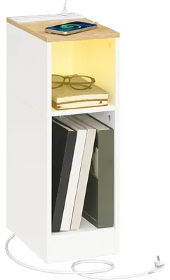 Produktbild von Beistelltisch mit Ladestation und LED-Sensorlicht, Nachttisch, Couchtisch, Braun und Weiß