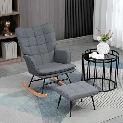 Produktbild von Sweiko Schaukelstuhl mit Hocker, komfortabel, bis 130 kg, Leinenoptik, 64x89x90cm, Grau