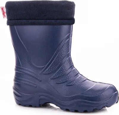 A single dark blue child's boot with a dark blue ribbed cuff is shown against a white background.