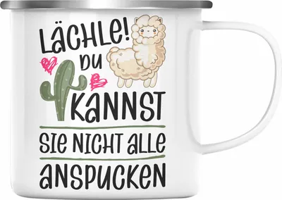 Produktbild von Trendation - Lächle Du Kannst Sie Nicht Alle Anspucken Emaille Tasse Llama Lama Alpaka Emaille Emaille Tasse mit Spruch Lustige Emaille Tasse (Silber)