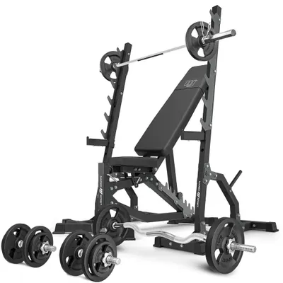 Image de Marbo Sport - Ensemble MS8_2.0_83KG | Banc de musculation doublement réglable + support multi-niveaux (2 pièces) + ensemble de barres et de disques d'haltères 83 kg