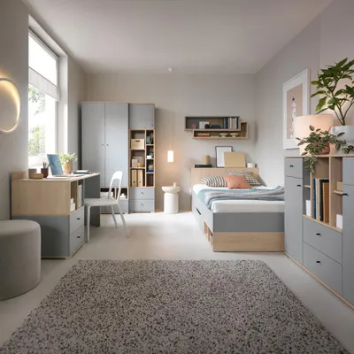 Produktbild von Jugendzimmer Komplett-Set in Grau mit Eiche, mit Bett 120x200 cm, Skandi Stil, 6-teilig - ORIELLA-133