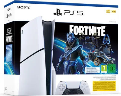 The image shows the packaging of a Sony PlayStation 5 Slim Fortnite bundle, featuring the console and controller.