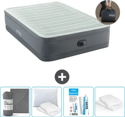 Produktbild von Intex Airbed - Doppelbett - 137 x 191 x 46 cm - Grau - Inklusive Pumpe - Spannbettuch - Küssen - Reperaturset en Kissenschutz