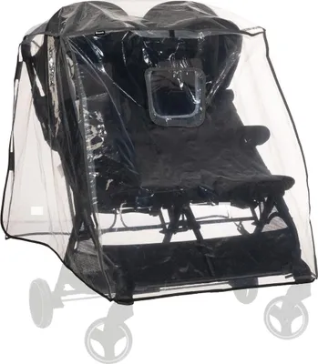 A transparent rain cover for a twin stroller.