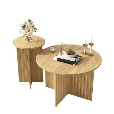 Produktbild von 2-teiliges Couchtisch im Skandinavischen Design Runde Kaffeetische Holz-Nest-Tisch-Set Wohnzimmertisch