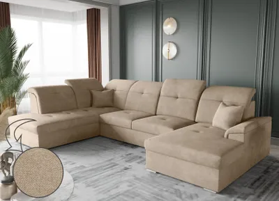 Image de Canapé d'angle avec fonction sommeil et coffre de lit, Canapé-lit, Canapé en forme de U, Canapé en forme de U BARON tissu Brooklyn beige ? droite