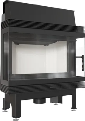 A black modern fireplace insert with glass doors and white interior, shown from a three-quarter angle against a white background.