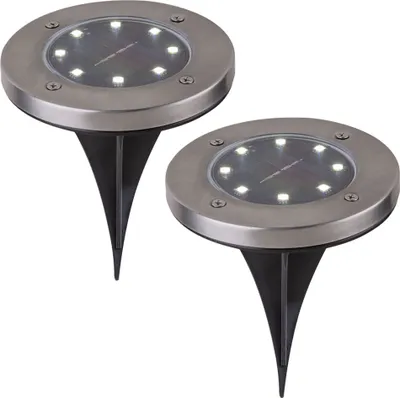 Produktbild von 2er Set LED Solarleuchte, rund, Flach mit Erdspitz