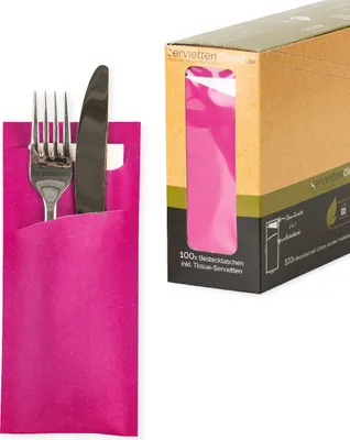 Produktbild von Bestecktasche Prime Fit in Pink 85 x 190 mm, mit 2-lagiger Tissue-Serviette in Weiß -100 Stück