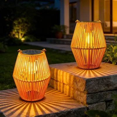 Solar-Laternen 2er-Set, Rattan-Optik, IP44, warmweiß