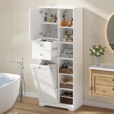 Produktbild von Badhochschrank 60x37x171 cm, Badschrank aus MDF mit 2 Schubladen, Wäschekipper, offenen Fächern und Soft-Close, Weiß
