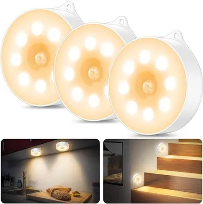 Produktbild von Nachtlichtbewegungssensor, 3 x AAA -Batterie -Lampen, Auto -Ein/Aus, Schrankbeleuchtung, Sensor -Innentreppe, Schlafzimmer, Küche, Kinderzimmer,