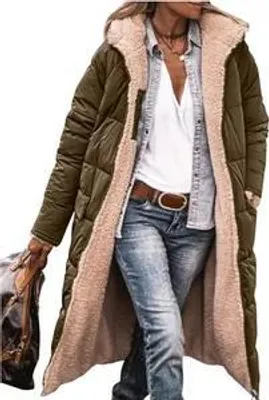 Produktbild von ASKSA Damen Lang Daunenmantel Warm Fleece Reversibel Winterjacke Kapuze Fleecejacke Daunenjacke Mantel, Armeegruen, XL