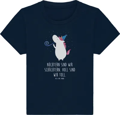 Produktbild von Mr. & Mrs. Panda Babyshirt Einhorn Party 6. - 12. Monat - French Navy - Geschenk, Unicorn,  T-Shirt, Baby Shirt, Fest, Organic, Alkohol, Baumwolle, Einhörner, Club
