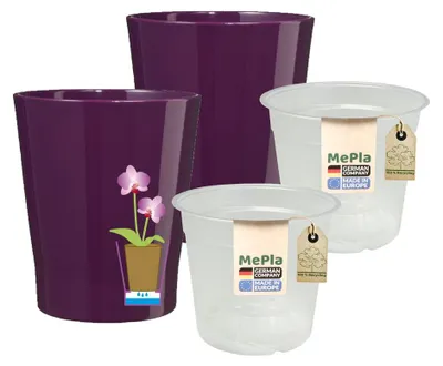 Produktbild von MePla - 2 Stück - Orchideenkübel Merina ø 14 Aubergine + Pflanztopf Orchidee ø 12
