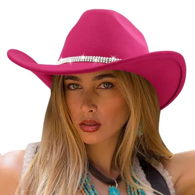 Produktbild von Fedora-Hut Damen breite Krempe mit Gürtelschnalle und Strassband Fuchsia Filz